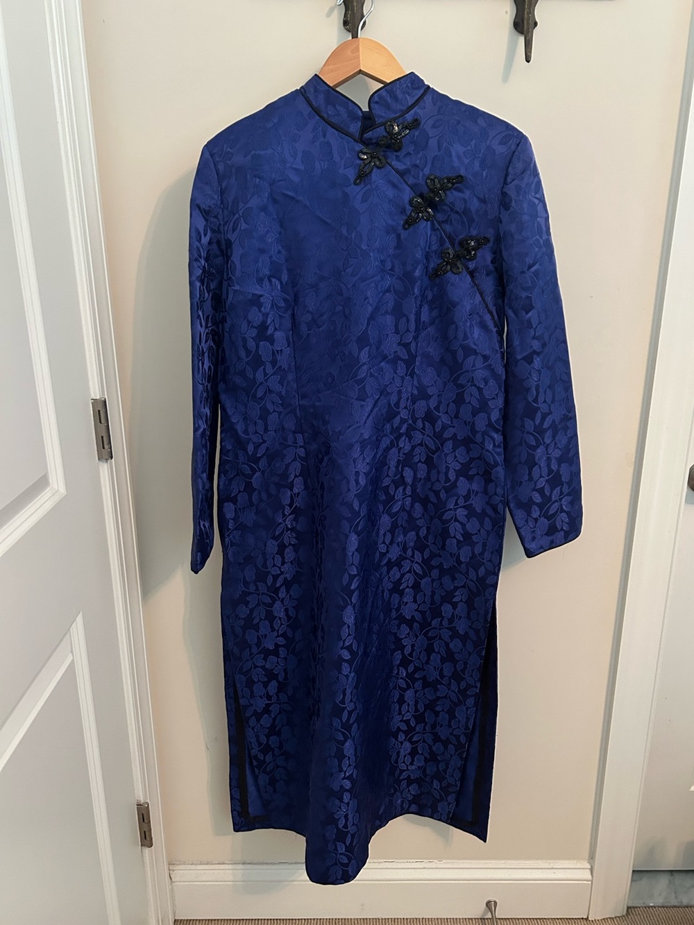 Cobalt Blue Asian-Inspired Cheongsam Style Floral Brocade Dress